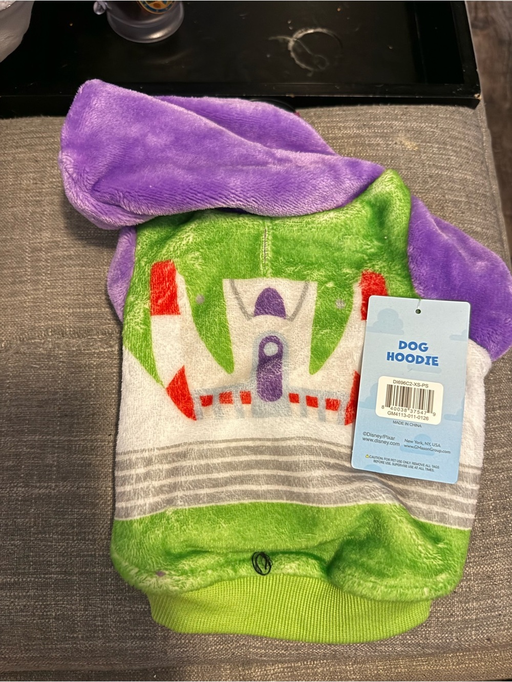 Buzz Lightyear Inspired Plush Dog Hoodie - Green & Purple XS